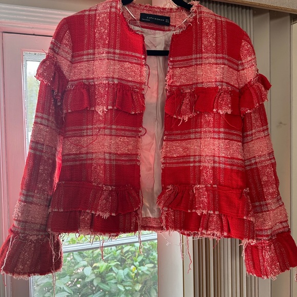 Zara women’s frayed ruffle red and white open front tweed jacket size M - Picture 4 of 8